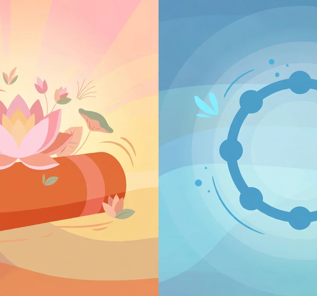 Split illustration of yoga mat with lotus flower and pilates ring with exercise ball