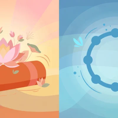 Split illustration of yoga mat with lotus flower and pilates ring with exercise ball