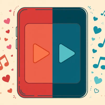 Smartphone split into red and teal halves with play buttons, YouTube Shorts vs TikTok comparison illustration