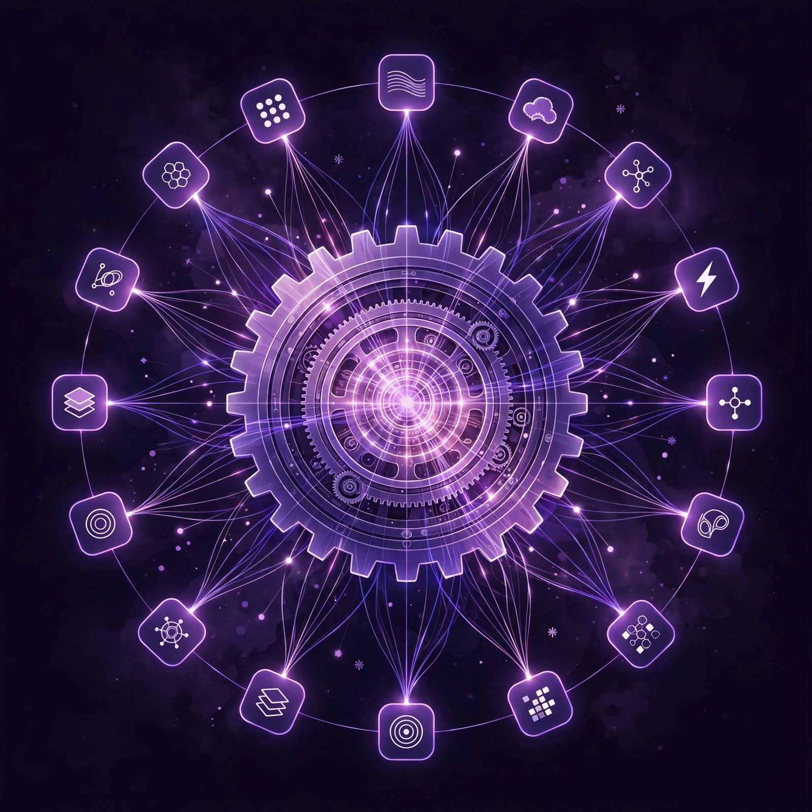 Central automation hub connected to many apps showing Zapier's large integration library